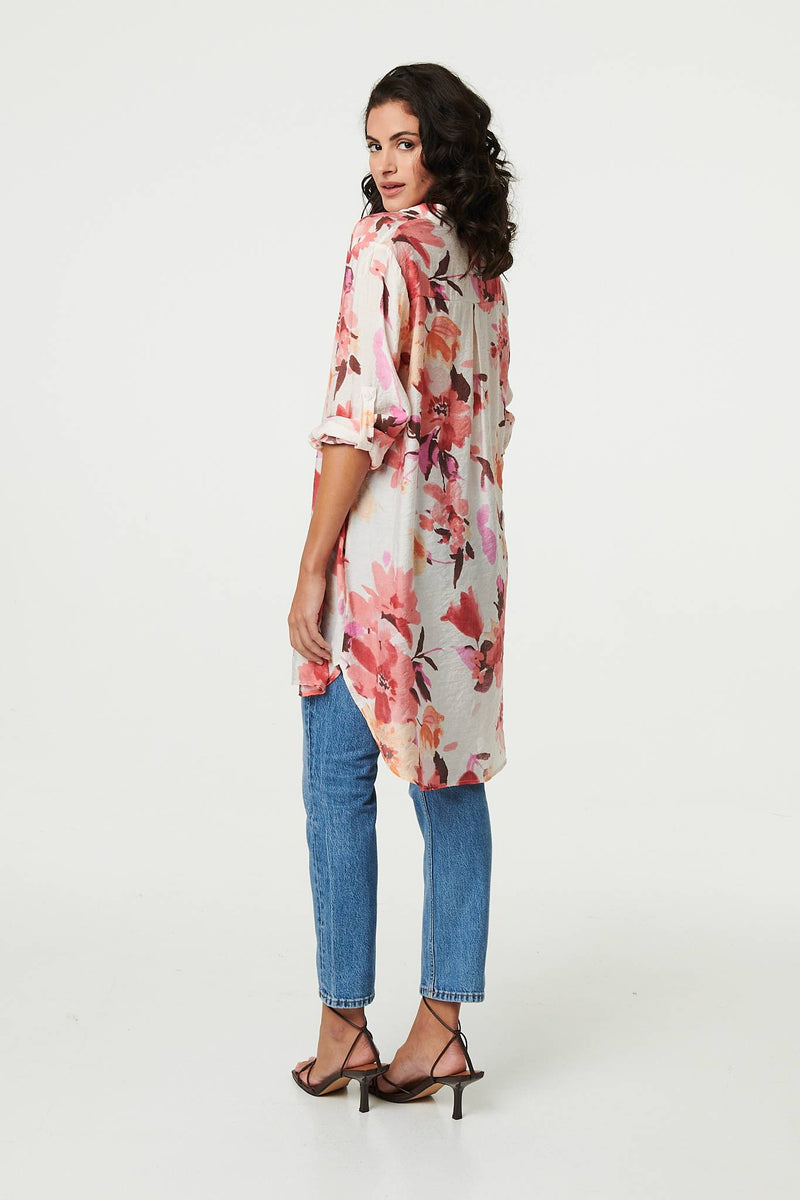 Floral Long Sleeve Longline Shirt Dress