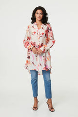 Floral Long Sleeve Longline Shirt Dress