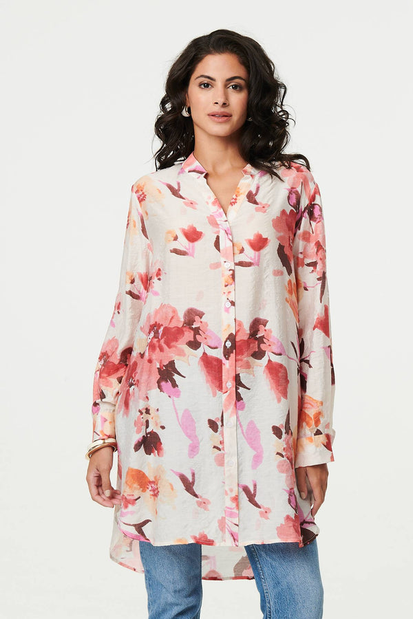 Floral Long Sleeve Longline Shirt Dress
