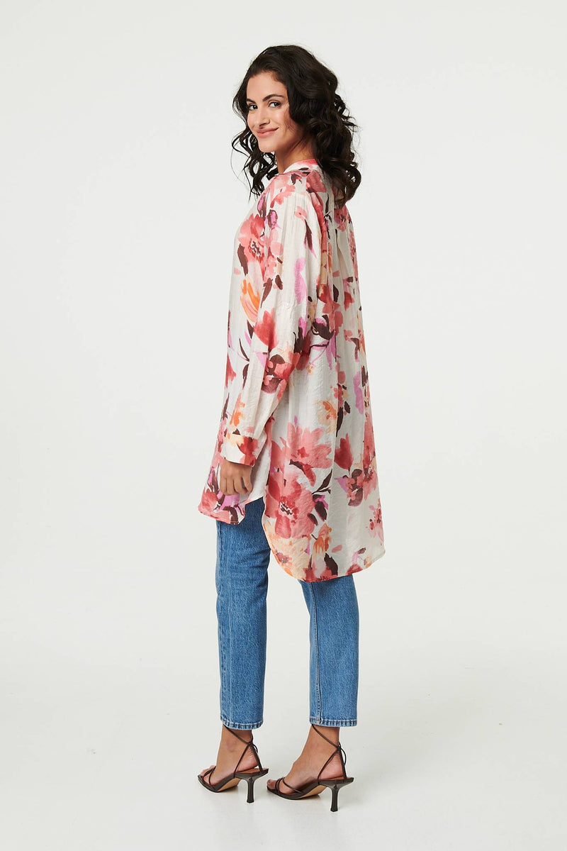 Floral Long Sleeve Longline Shirt Dress