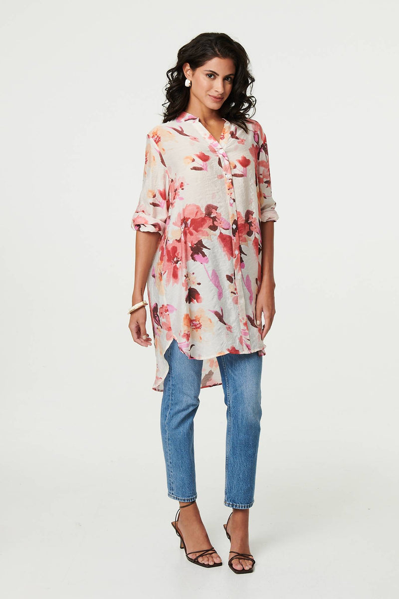 Floral Long Sleeve Longline Shirt Dress
