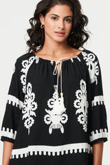 Ikat Print Tassel Tie Neck Blouse