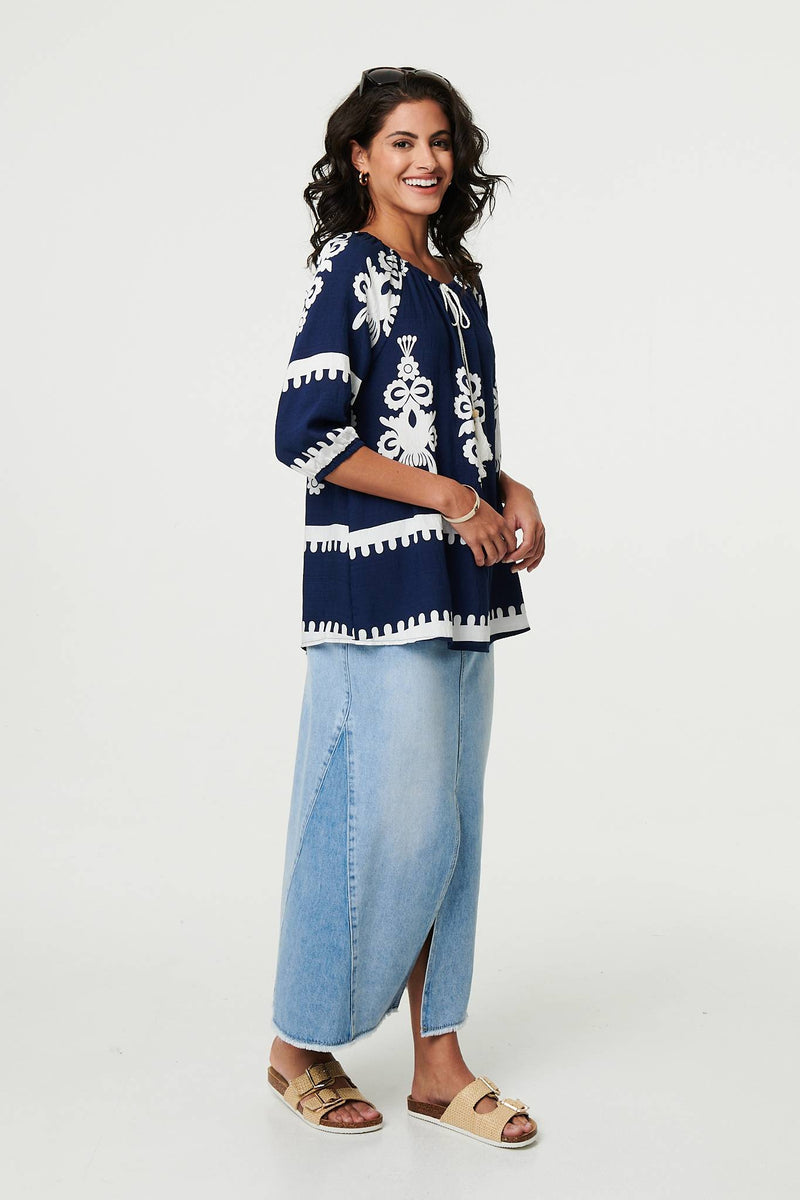 Ikat Print Tassel Tie Neck Blouse