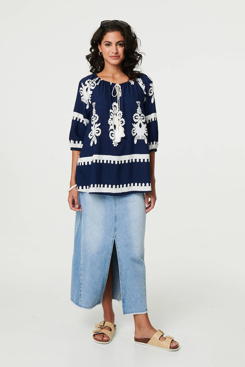 Ikat Print Tassel Tie Neck Blouse