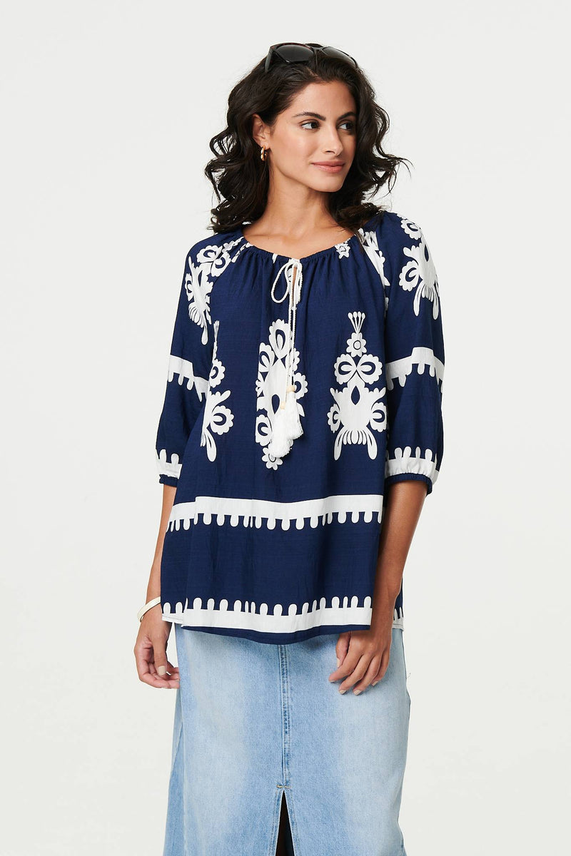 Ikat Print Tassel Tie Neck Blouse