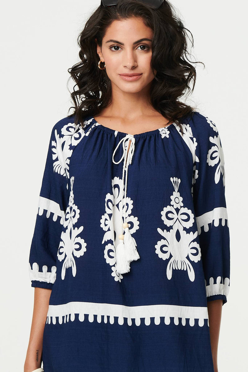 Ikat Print Tassel Tie Neck Blouse
