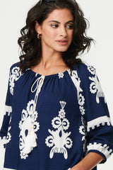 Ikat Print Tassel Tie Neck Blouse
