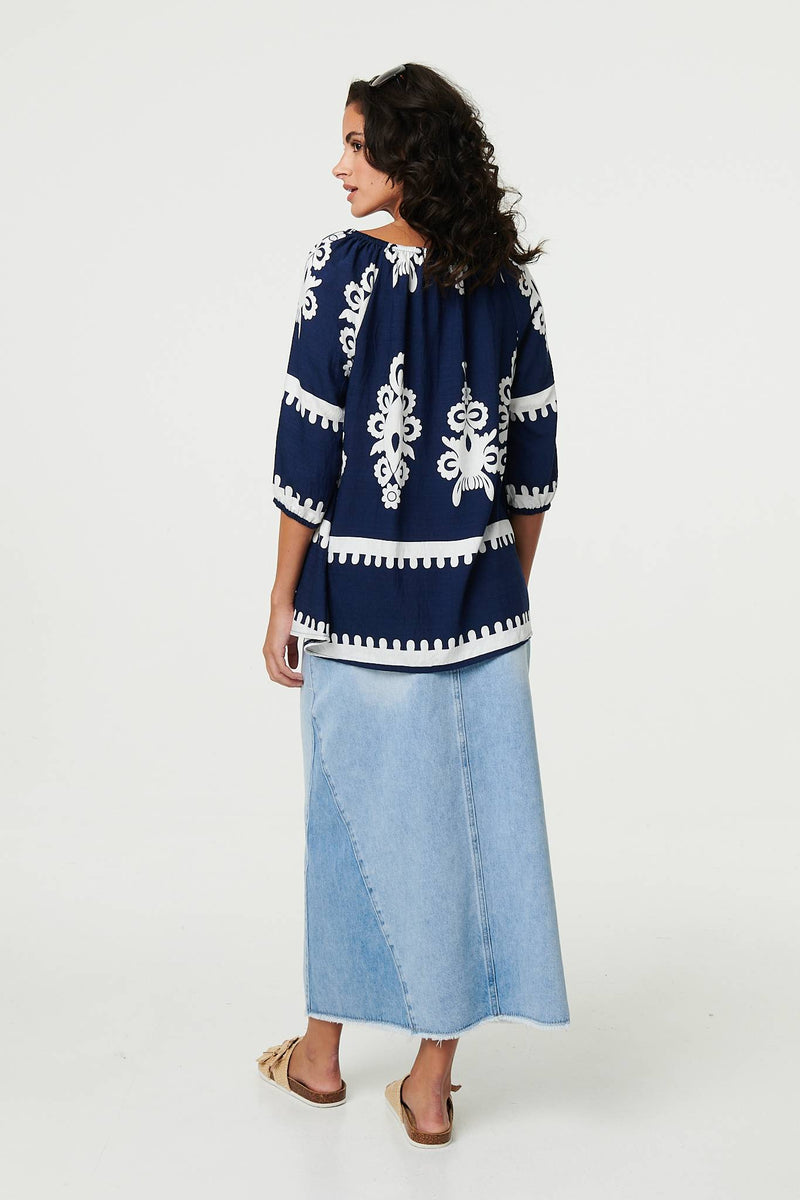 Ikat Print Tassel Tie Neck Blouse