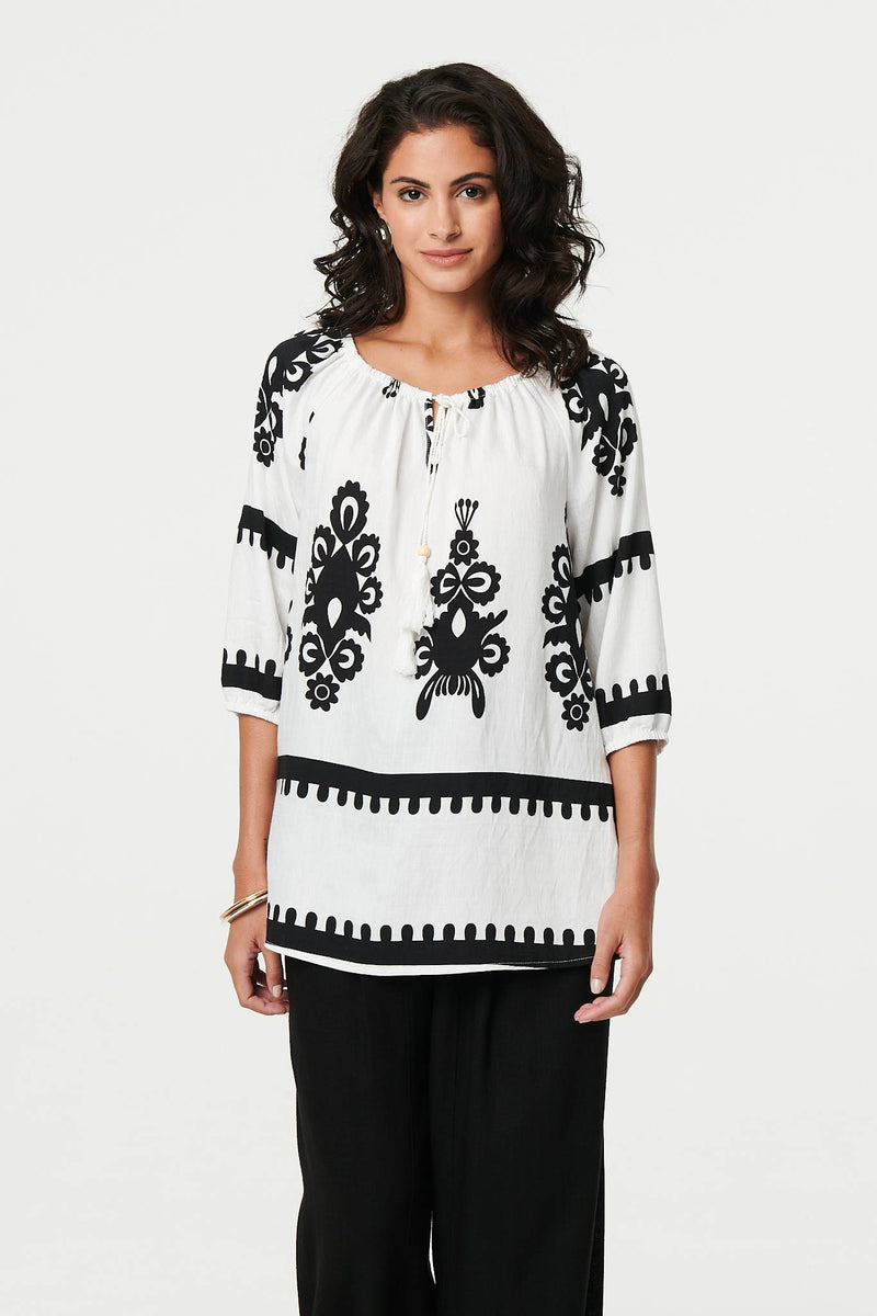 Ikat Print Tassel Tie Neck Blouse