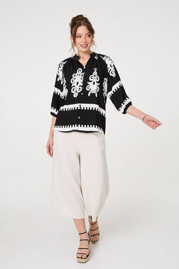 Ikat Print 3/4 Sleeve Relaxed Blouse