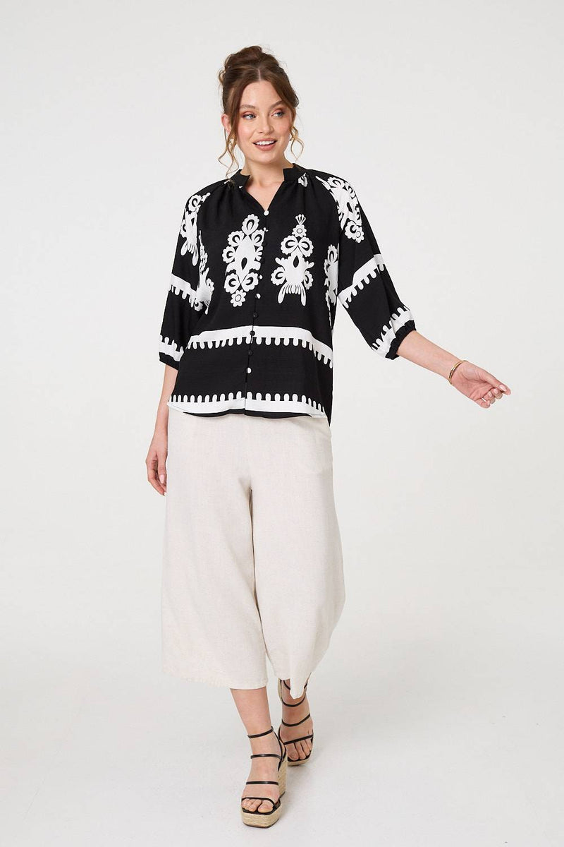Ikat Print 3/4 Sleeve Relaxed Blouse