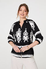 Ikat Print 3/4 Sleeve Relaxed Blouse