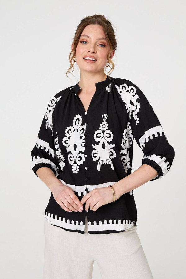 Ikat Print 3/4 Sleeve Relaxed Blouse