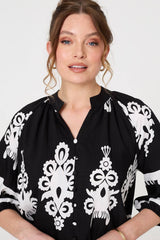 Ikat Print 3/4 Sleeve Relaxed Blouse