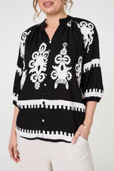 Ikat Print 3/4 Sleeve Relaxed Blouse