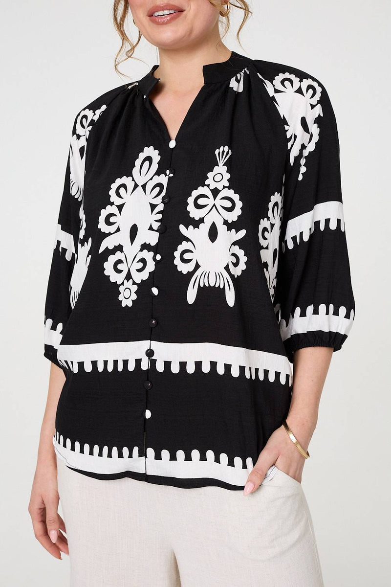 Ikat Print 3/4 Sleeve Relaxed Blouse