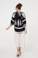 Ikat Print 3/4 Sleeve Relaxed Blouse