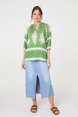 Ikat Print 3/4 Sleeve Relaxed Blouse