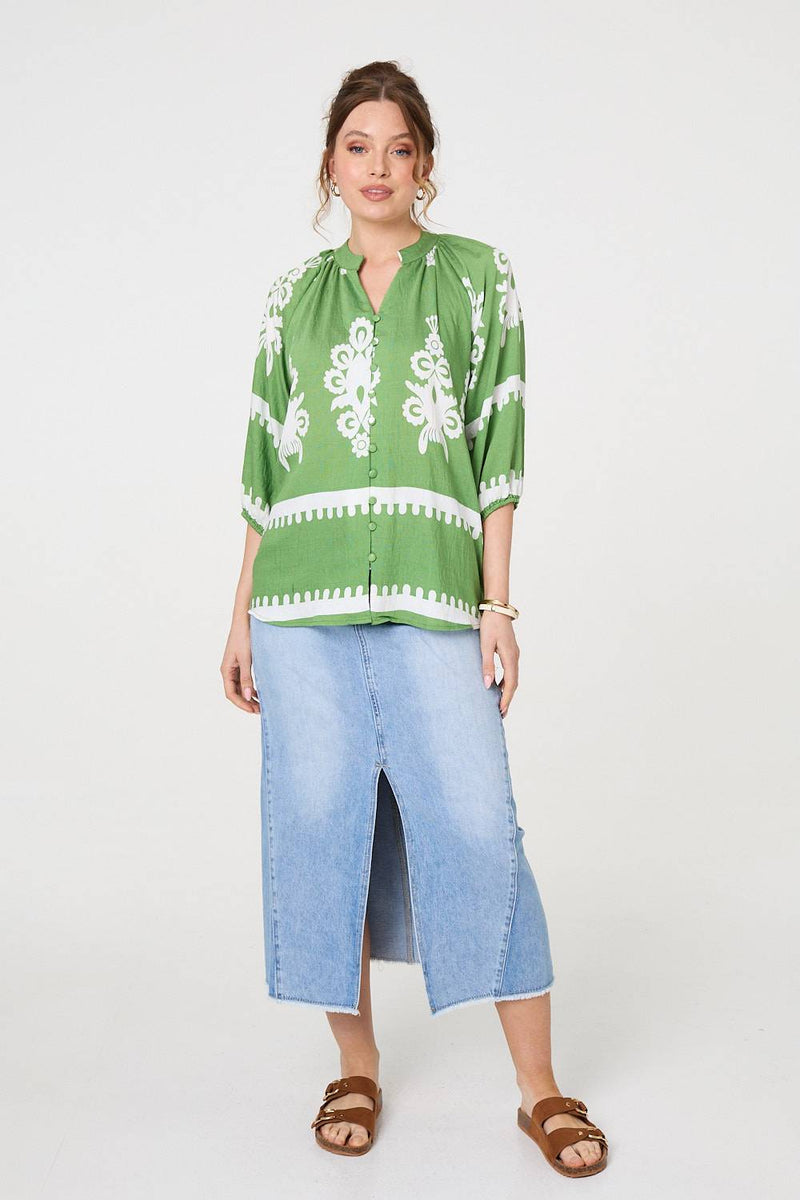 Ikat Print 3/4 Sleeve Relaxed Blouse