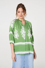 Ikat Print 3/4 Sleeve Relaxed Blouse