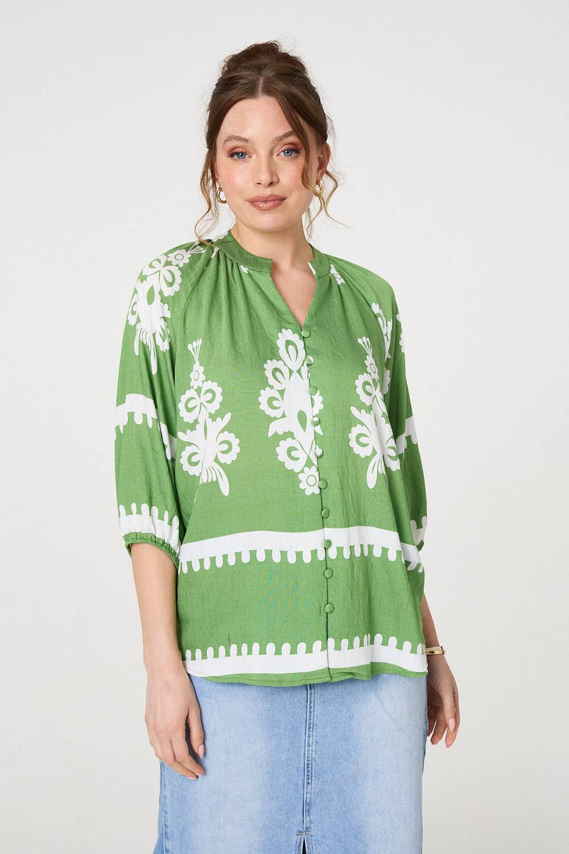 Ikat Print 3/4 Sleeve Relaxed Blouse