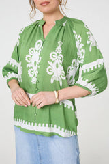 Ikat Print 3/4 Sleeve Relaxed Blouse