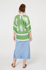Ikat Print 3/4 Sleeve Relaxed Blouse