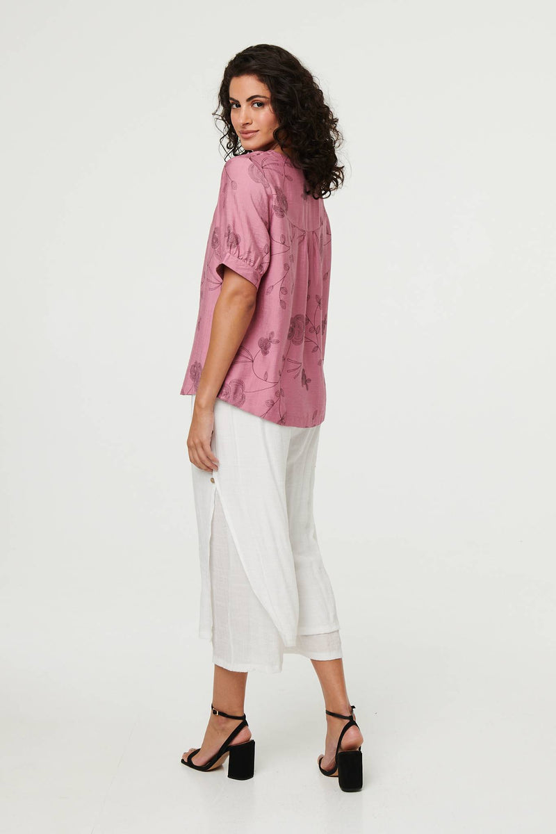 Floral Short Puff Sleeve Blouse Top