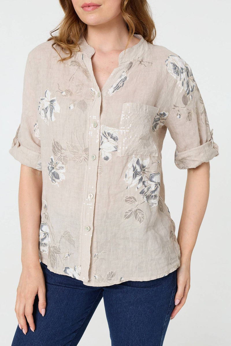 Floral 3/4 Turn-Up Sleeve Blouse