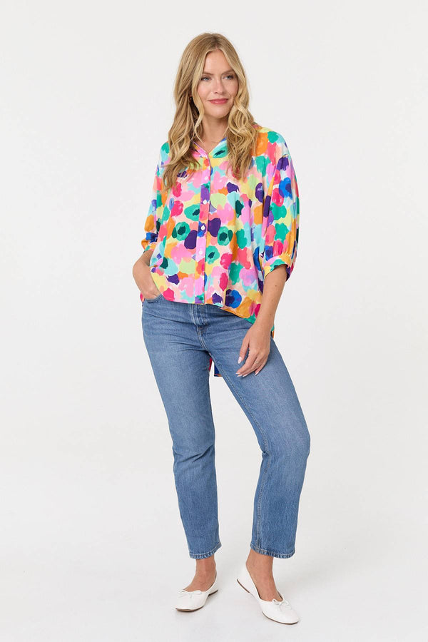 Abstract 3/4 Sleeve Curve Hem Blouse