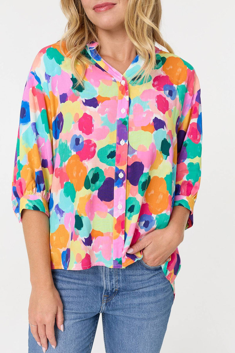 Abstract 3/4 Sleeve Curve Hem Blouse