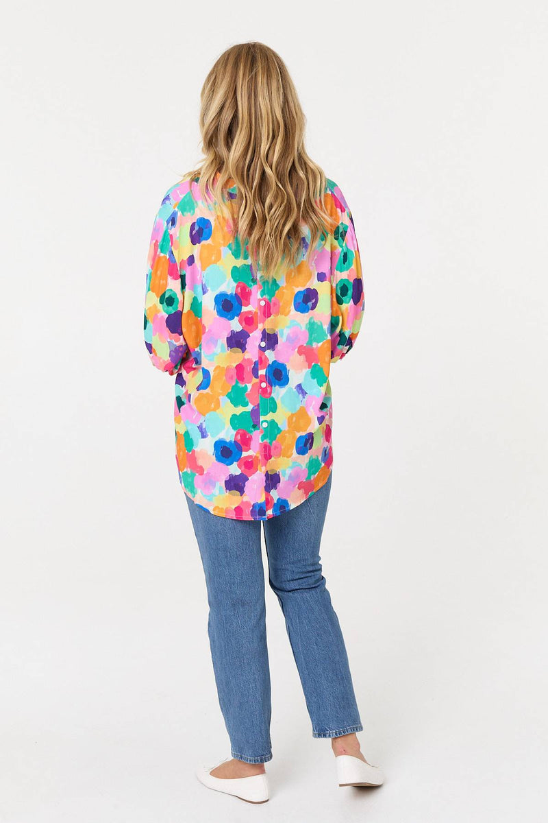 Abstract 3/4 Sleeve Curve Hem Blouse