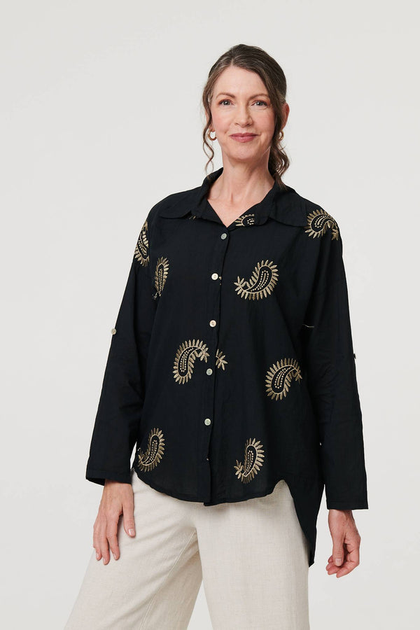 Embroidered 3/4 Turn-Up Sleeve Shirt