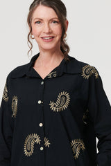 Embroidered 3/4 Turn-Up Sleeve Shirt