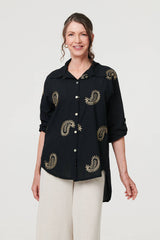 Embroidered 3/4 Turn-Up Sleeve Shirt