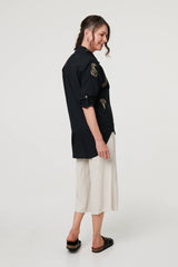 Embroidered 3/4 Turn-Up Sleeve Shirt