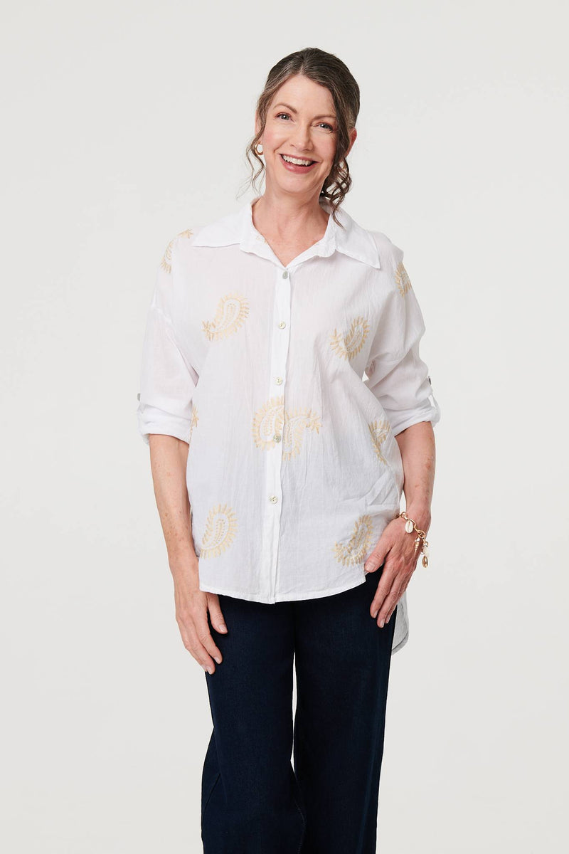 Embroidered 3/4 Turn-Up Sleeve Shirt