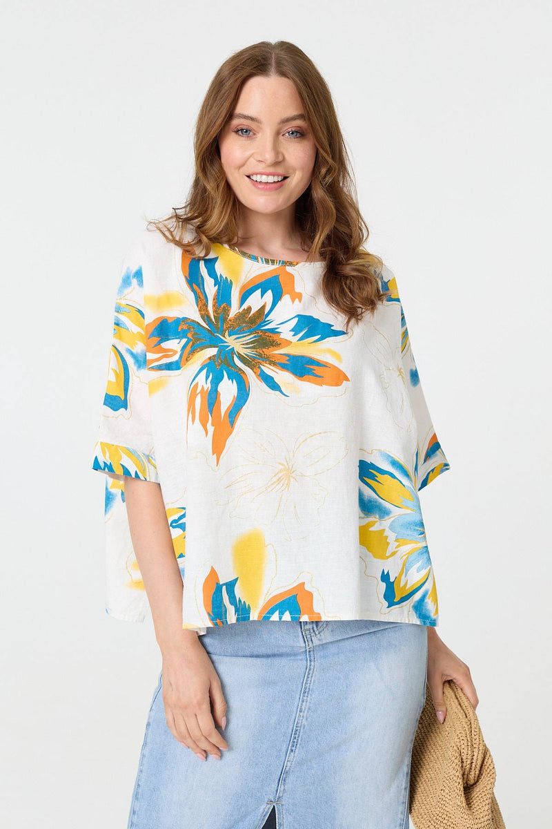 Floral 3/4 Sleeve Relaxed Boxy Blouse