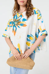 Floral 3/4 Sleeve Relaxed Boxy Blouse