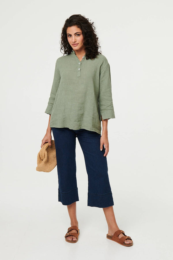 Relaxed 3/4 Sleeve Button Neck Blouse
