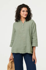 Relaxed 3/4 Sleeve Button Neck Blouse