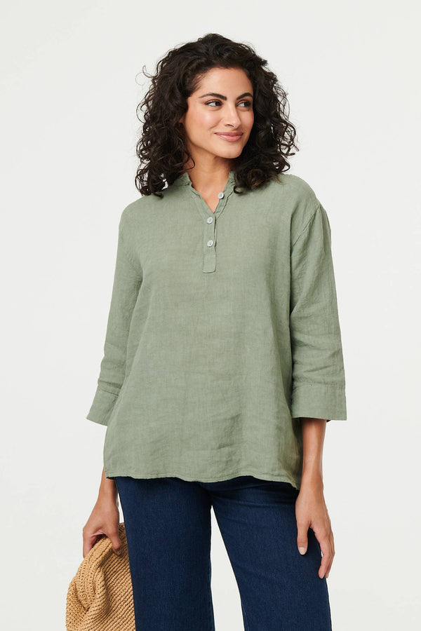 Relaxed 3/4 Sleeve Button Neck Blouse