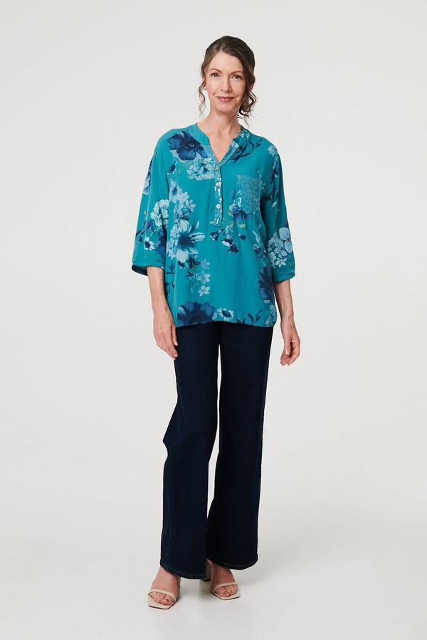 Floral Sequin Detail 3/4 Sleeve Blouse