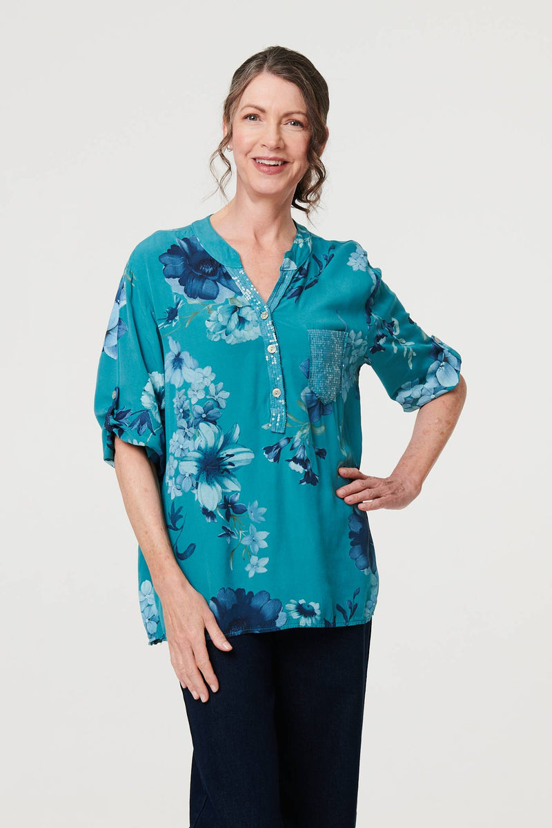 Floral Sequin Detail 3/4 Sleeve Blouse