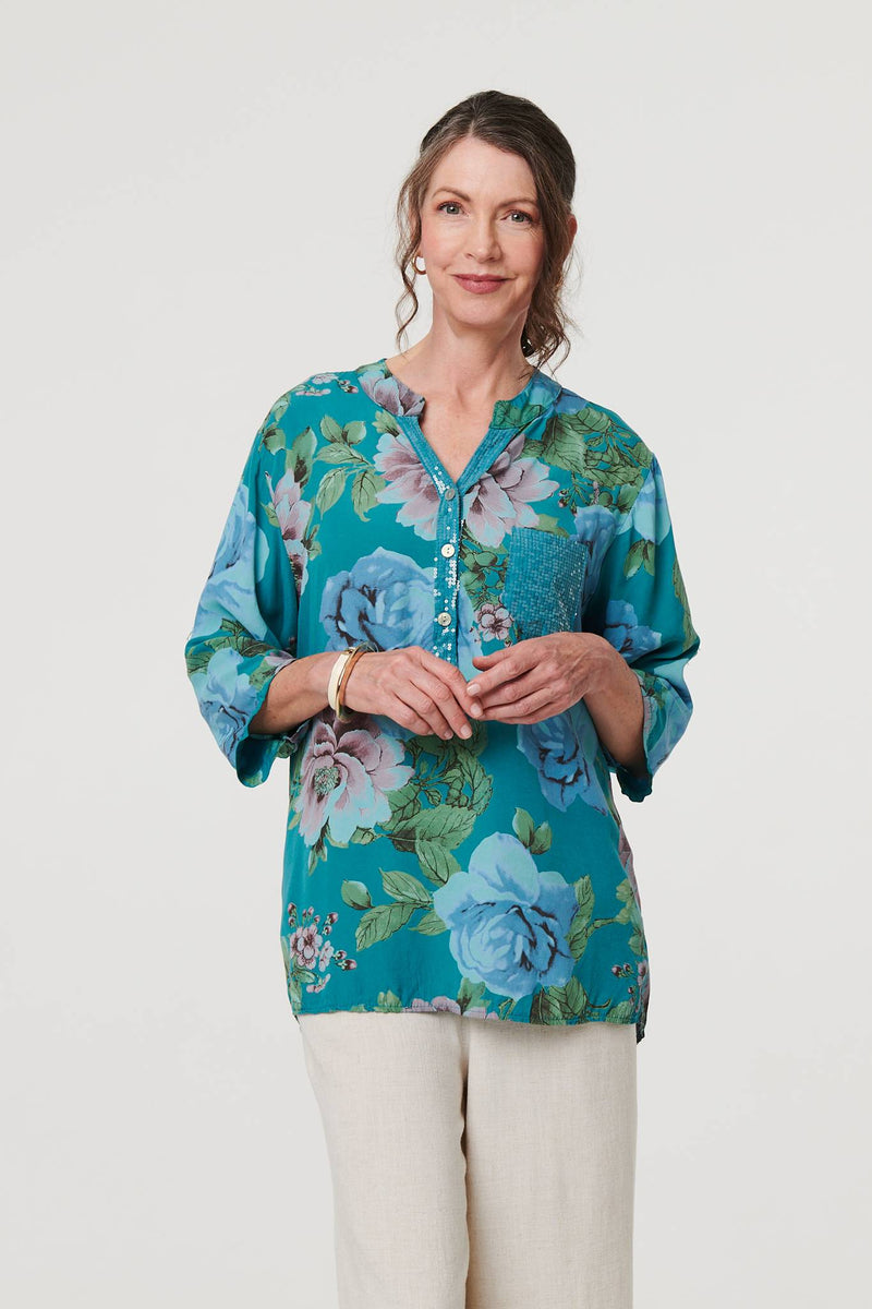 Floral Sequin Embellished Relaxed Blouse