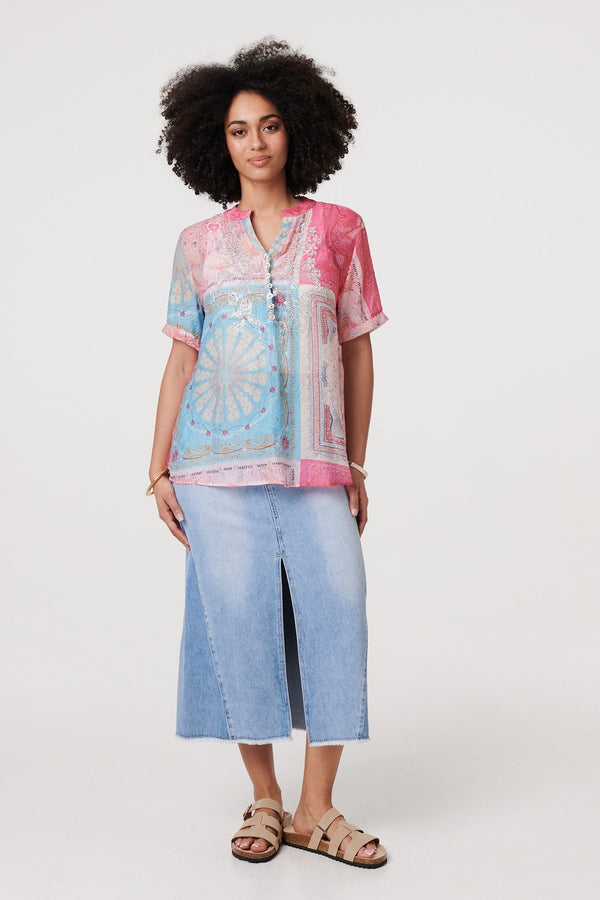Patchwork Print Short Sleeve Blouse