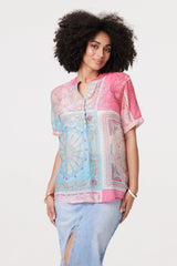 Patchwork Print Short Sleeve Blouse