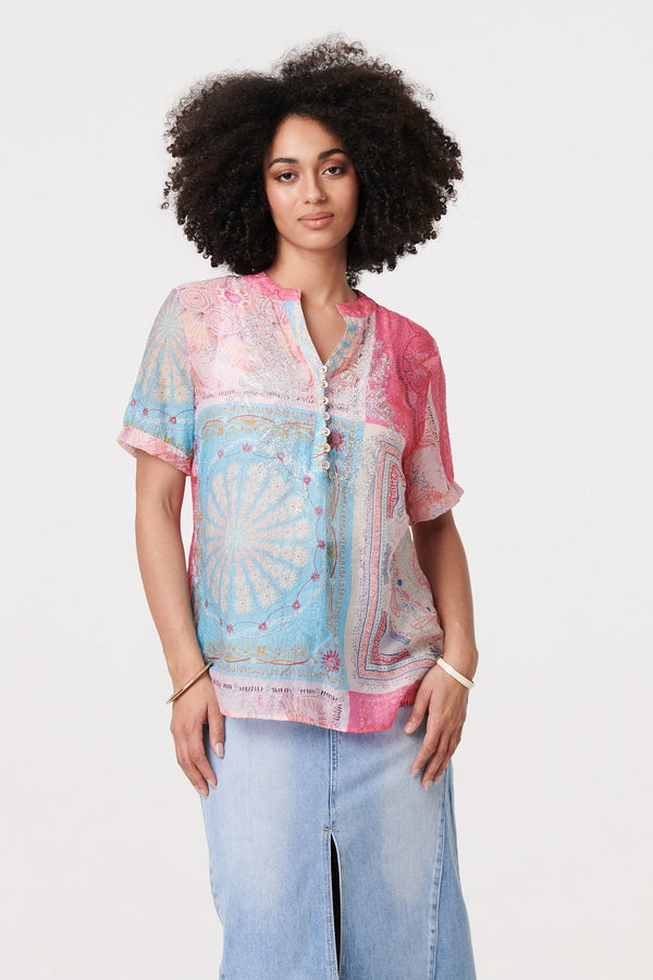 Patchwork Print Short Sleeve Blouse