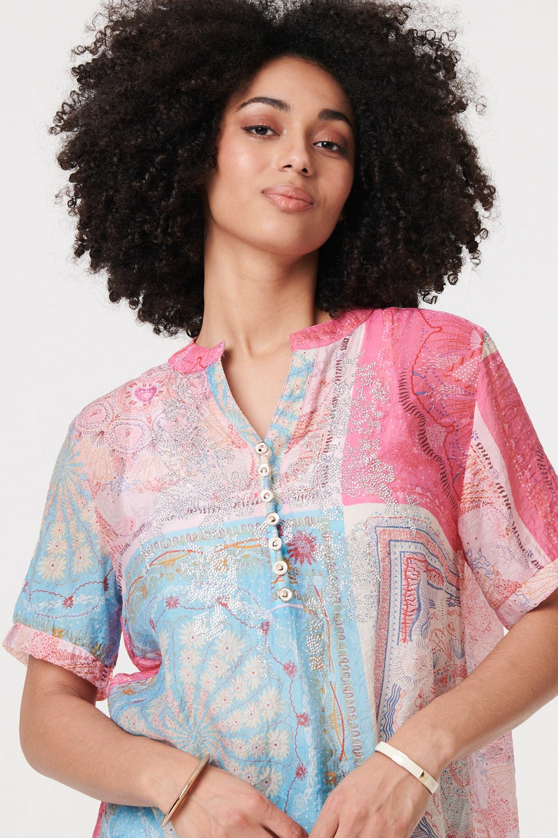 Patchwork Print Short Sleeve Blouse