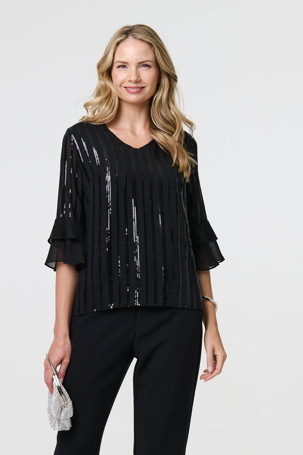 Sequin Stripe Ruffled 3/4 Sleeve Blouse